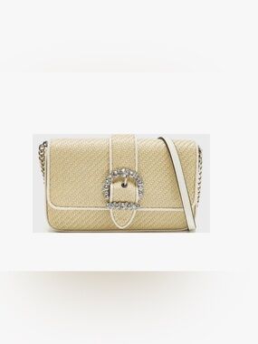Jimmy Choo Cheri wallet/chain.Raffia Woven Crossbody Bag with Crystal Buckle.